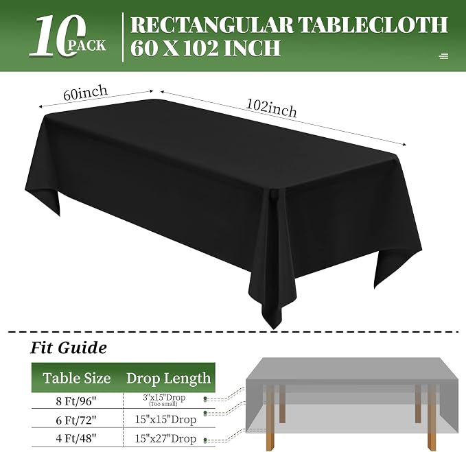 10 Pack Black Table Clothes for 6 Foot Rectangle Tables 60 x 102 Inch Rectangle Tablecloth 6ft Table Cloth Linen Polyester Fabric Washable Black Tablecloths for Parties Wedding Banquet