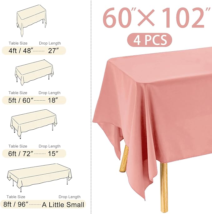 4 Pack Rectangle Tablecloth for 6 Foot Tables Washable Polyester Table Cover for Wedding Dining Table Parties Banquet（60x102 Dusty Rose）