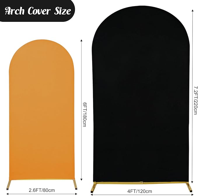 Chiara Arch Backdrop Stand - Set of 2 Fitted Spandex Wedding Arch Covers - Round Top, Gold & Black (6 FT, 7.2 FT)