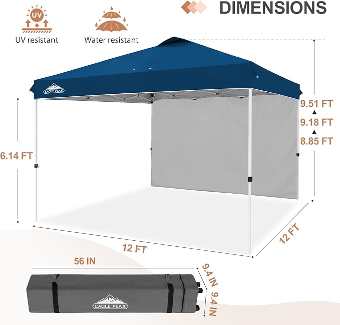 EAGLE PEAK Commercial Canopy 12x12 Pop Up Canopy Tent with 1 Sidewall, Easy Setup Heavy Duty Instant Event Shelter for Vendors & Markets, Outdoor Sun Shade, Dark Blue