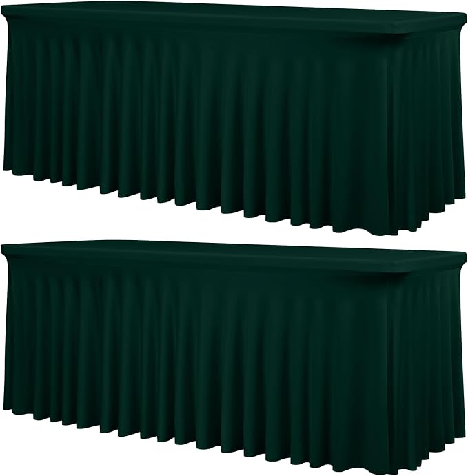 2 Packs Emerald Green Stretch Table Skirts for 6 Foot Rectangle Table, Washable Spandex Stretch Tablecloths with Skirt, Wrinkle Resistant Fitted Tablecover for Wedding Party Banquet