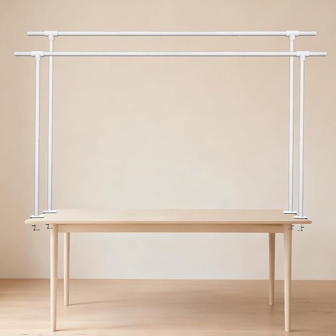Beyeutao White Over the Table Rod Stand with Clamps Adjustable 16"-87" Length 30"-45" Height Table Arch Stand Metal Balloon Arch Stand for Photography Birthday Party Decoration