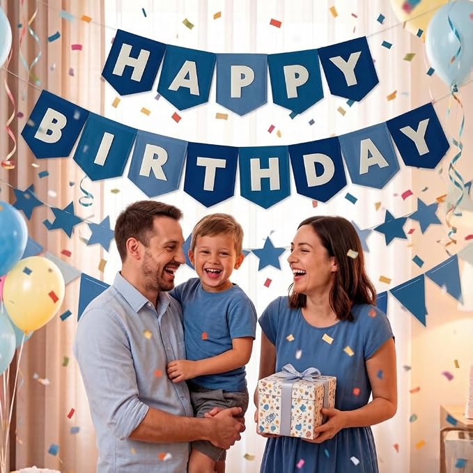 Yancan Blue Happy Birthday Banner for Women Men Boys Girls Party Decoration | Pre-strung Felt Happy Birthday Banner, Star Garland, Triangle Flags