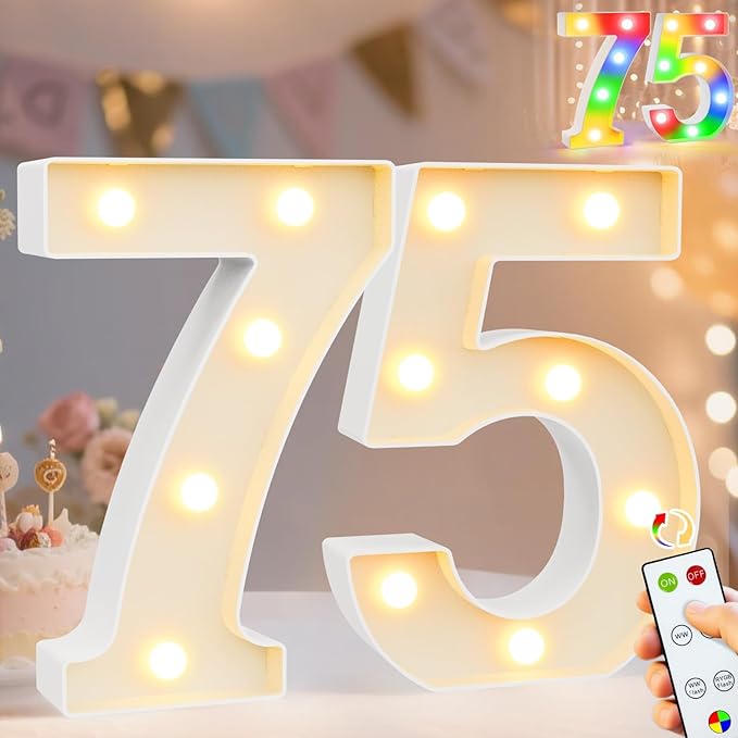 Pooqla 75th Birthday Decoration for Her Him, Decorative LED Light Up Numbers, Marquee Numbers 75 Sign for Party Backdrop 75th Wedding Anniversary Decor Gift, Warm White and Colorful Number 75