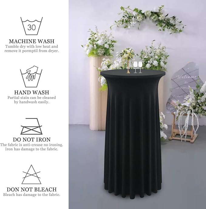 6-Pack 24"x43" Black Round Cocktail Table Skirts | Stretch Spandex Fitted Tablecloths | Stain-Resistant, Wrinkle-Resistant, and Machine Washable for Bars, Weddings, Parties, and Banquets