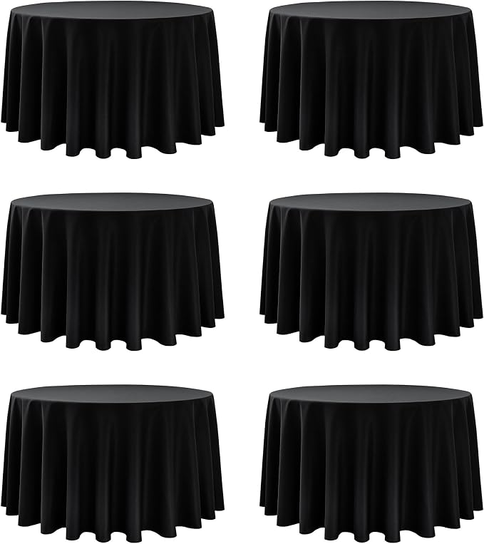6-Pack Black Round Tablecloths, 108 Inches, Stain-Resistant Polyester for 4-5 Ft Round Tables - Washable Table Covers for Weddings, Banquets, Birthday Parties, Events