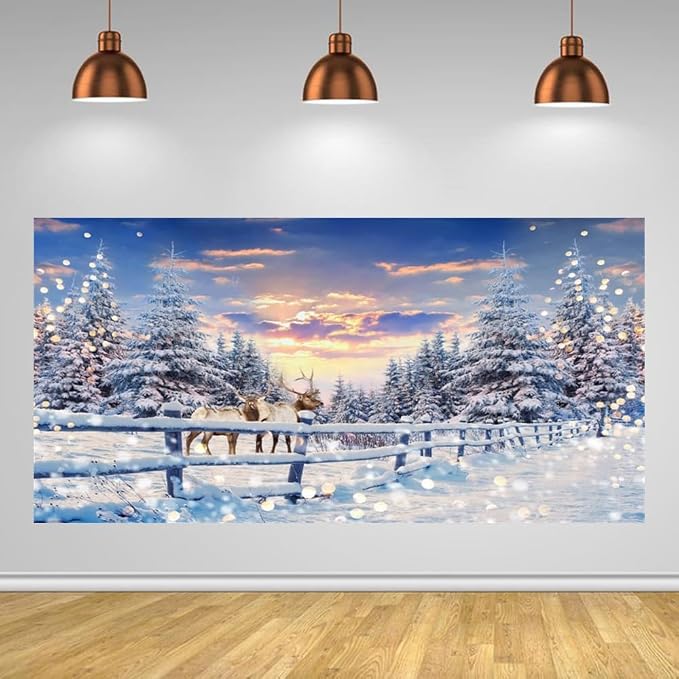 Winter Wonderland Christmas Backdrop 20x10ft for Photography Forest Reindeer Snow Winter Scene Backdrop for Pictures Christmas Party Holiday Background Decorations Photo Booth