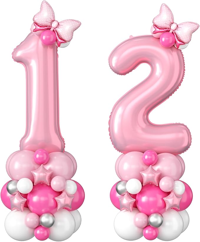 Pink Number 12 Balloons 40 Inch Pastel Pink 12th Birthday Party Decorations Baby Hot Pink White Number 21 Foil Balloon Tower with Bows Giant Large Digit Helium Balloon for Girls Women 21st Anniversary