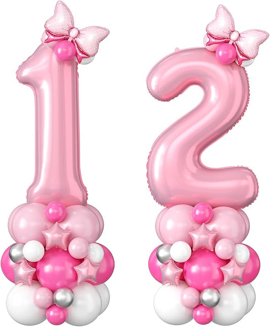 Pink Number 12 Balloons 40 Inch Pastel Pink 12th Birthday Party Decorations Baby Hot Pink White Number 21 Foil Balloon Tower with Bows Giant Large Digit Helium Balloon for Girls Women 21st Anniversary