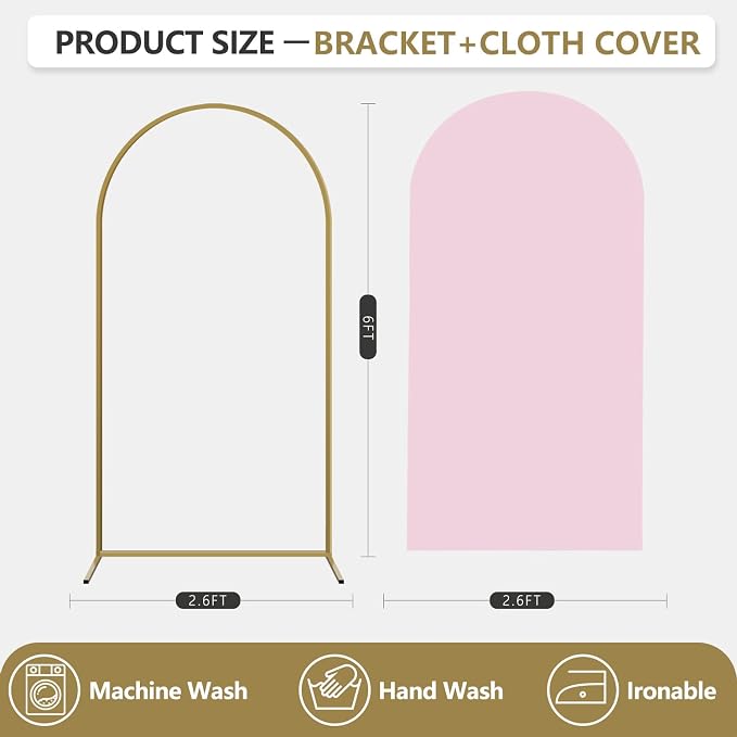 Arch Backdrop Stand and Cover Set, Metal Balloon Arch Backdrop 6ft, Gold Arched Stand Frame for Wedding, Parties,Birthday, Backdrop Decorations (Pale Pink,6ft)