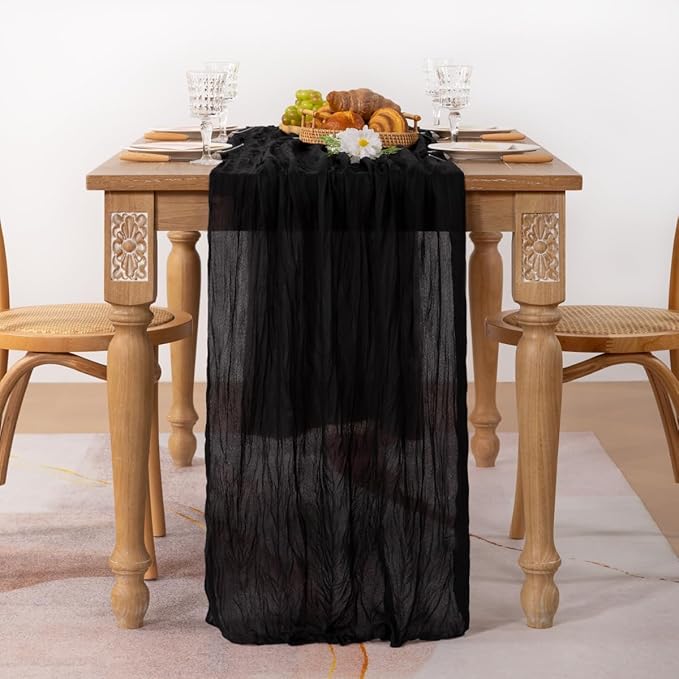 MLMC Black Table Runner 10ft Rustic Gauze Cheesecloth Table Runner 35x120 Inches Cheese Cloth Centerpiece for Wedding Party Bridal Shower Anniversary Events Gothic Decor