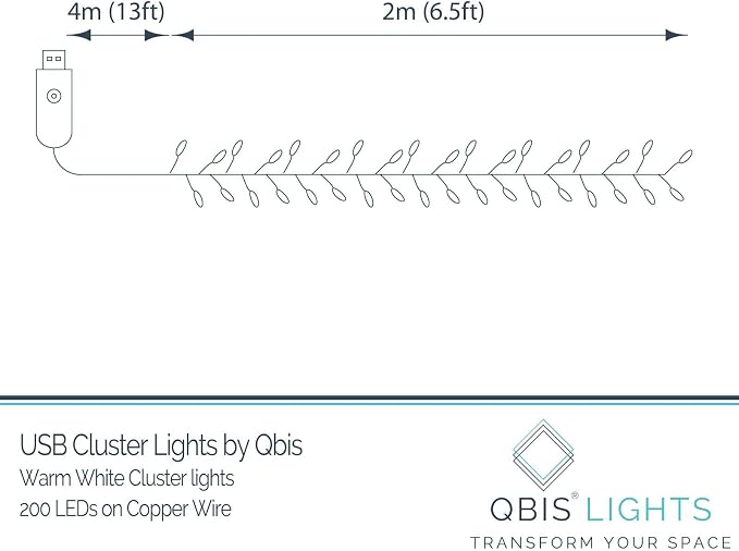 Qbis Warm White Cluster Lights on Thin Copper Wire, 200 Micro LED USB Plug in Christmas Fairy Lights, Timer, Multi Function, Memory, Brightness, Firecracker Light, Awesome bedroom or dorm lighting