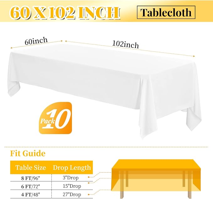 10 Pack 60 x 102 Inch Tablecloth, White Tablecloth for 6 Feet Rectangle Tables, Stain and Wrinkle Resistant Washable Fabric Table Cloth for Wedding Party Dining Table Buffet Parties and Camping