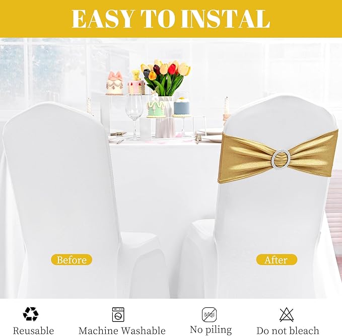 100 PCS Spandex Chair Sashes Bows Premium Stretch Chair Cover Band with Buckle Slider Universal Elastic Chair Ties for Wedding Party Ceremony Events Reception Banquet Decoration (Metallic Gold)