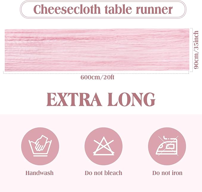 LemonRoad 4 Pcs 20ft Cheesecloth Table Runners Extra Long Boho Rustic Gauze Fabric Cheese Cloth Runner for Wedding Decorations Baby Shower Party Supplies Boho Table Bridal Shower Decor (Dusty Pink)