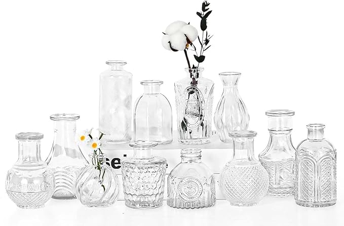 Mini Bud Vases Centerpieces for Tables,Clear Bud Vases for Flowers,Small Flower Vases Suitable for Birthday Party,Anniversary,Wedding Reception,Baby Shower (Clear, 12PCS)