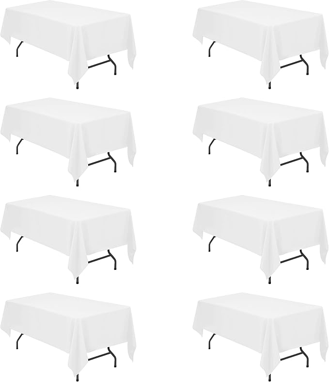 BRILLMAX 8 Pack White Tablecloths 60 x 102 Inch for 6ft Rectangle Tables - 150 GSM Polyester Fabric, 15" Standard Drop, Water, Stain & Wrinkle Resistant Cloth Cover for Wedding Banquet Dining Buffet