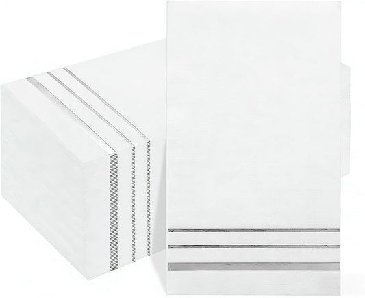 Garvee 300 Pack Disposable Paper Napkins, 3-Ply Soft Dinner Napkins with Silver Foil Trim, Absorbent Decorative Guest Towels for Party, Wedding, Birthday, Baby Shower