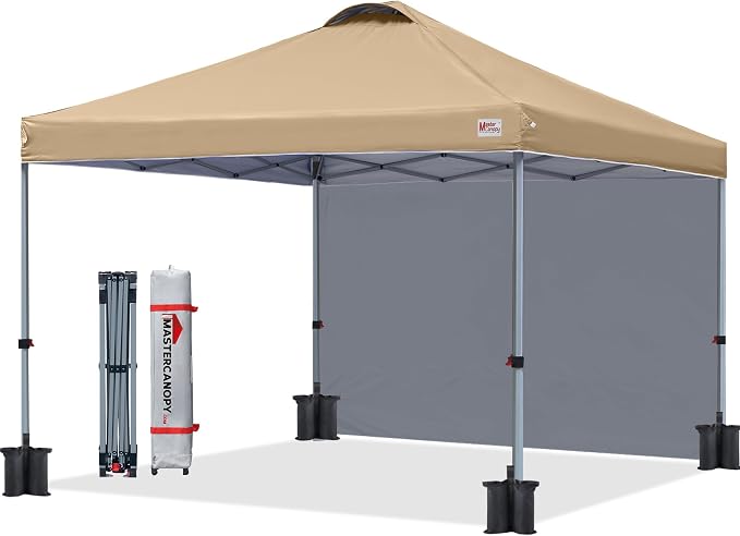 MASTERCANOPY 10x10 Pop Up Canopy Tent with 1 Sidewall, 1 Person Setup Instant Shelter, Outdoor Portable Beach Canopy, 1 Roller Bag, 4 Sandbags, 4 Ropes, 8 Stakes (10x10, Sand)