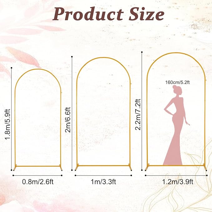 Vincidern 3pcs Metal Wedding Arch Backdrop Stand, Party Arch Stand, Balloon Arch Backdrop for Wedding Ceremony, Baby Shower, Birthday Party, Bridal Shower, Graduation Decor, Gold,7.2FT, 6.6FT, 5.9FT