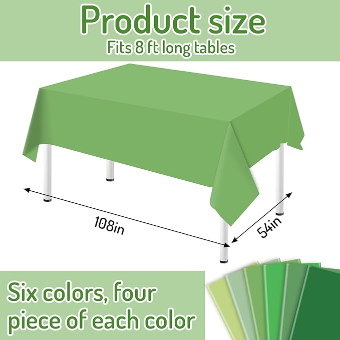 Whaline 24Pcs Green Plastic Tablecloth 6 Gradient Green Rectangle Table Cover Waterproof Table Cloth for Wedding Birthday Decoration Supplies, 54 x 108 Inch