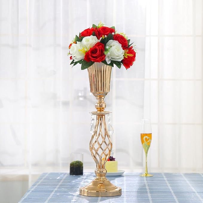 Artificial Flower Centerpieces for Tables: 2pcs of Rose Flower Balls, Flower Kissing Balls, Fake 15-head Plastic Flower Roses with Base for Birthday Party Christmas Home Wedding Decor (Red White)
