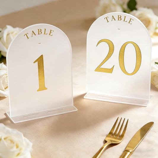 Teruntrue Frosted Arch Wedding Table Numbers 1-20 with Stands, Gold Foil Printed 5x7 Acrylic Table Signs for Reception, Anniversary, Event - Elegant Centerpiece Displays