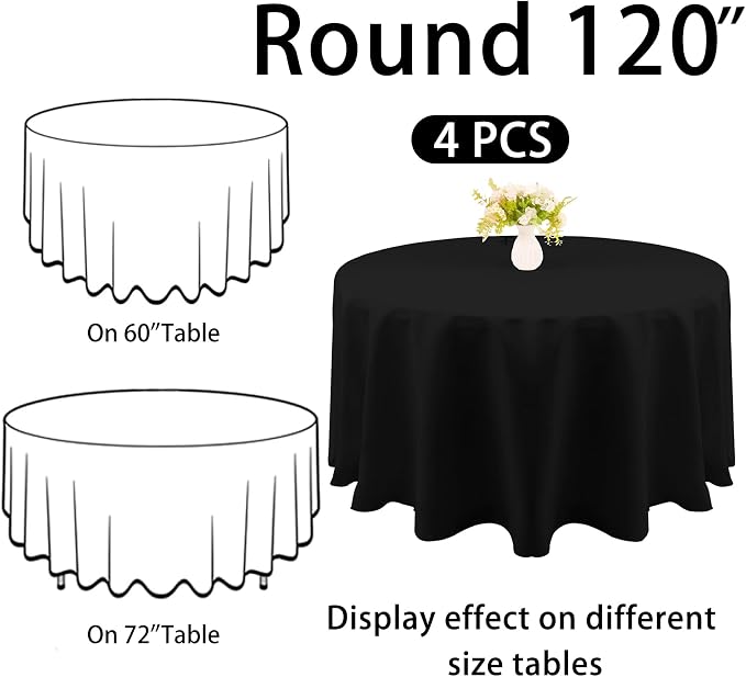 4 Pack Round Tablecloth 120 Inch Black Polyester Washable Fabric Table Covers for Wedding Dining Table Buffet Parties Banquet Decor