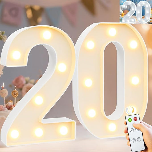 Pooqla 20th Birthday Decoration for Her Him, Decorative Marquee Numbers with Remote, Light Up 20 Sign for Party Backdrop 20th Wedding Anniversary Decor, Warm White and Cool White Number 20
