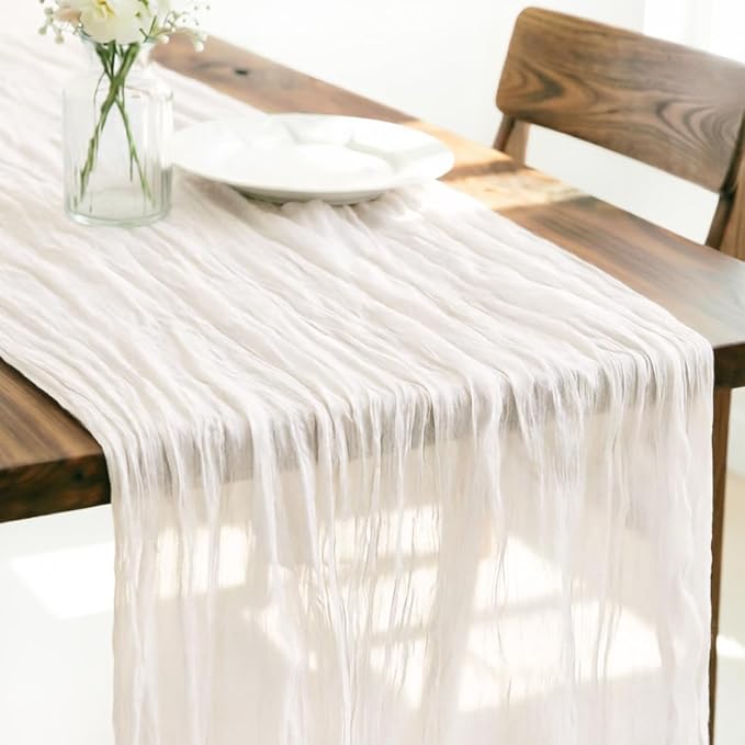 LINXTAR Ivory Cheesecloth Table Runner 120 Inches 10Ft Gauze Summer Boho Table Runner for Wedding Tea Party Baby Shower Bridal Birthday Home Decoration