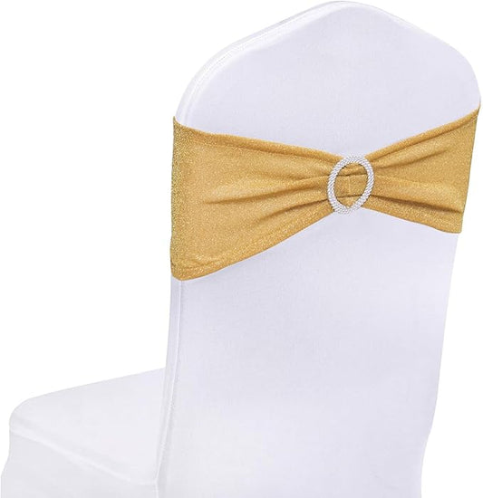 SquarePie Pack of 50 Gold Chair Sashes Bows with Buckle Slider Universal Elastic Spandex Bands Ties for Banquet Event Decor