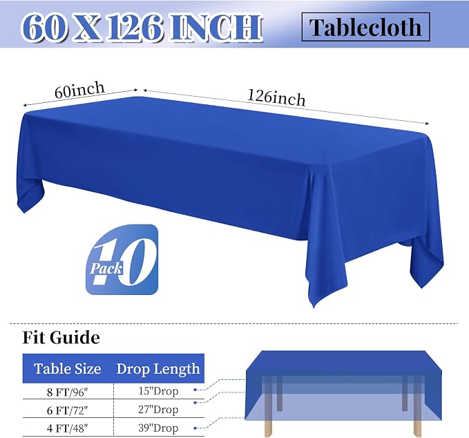fani 10 Pack 60 x 126 Inch Tablecloth, Royal Blue Tablecloth for 8 Feet Rectangle Tables, Stain and Wrinkle Resistant Washable Fabric Table Cloth for Wedding Party Dining Table Buffet Parties Camping