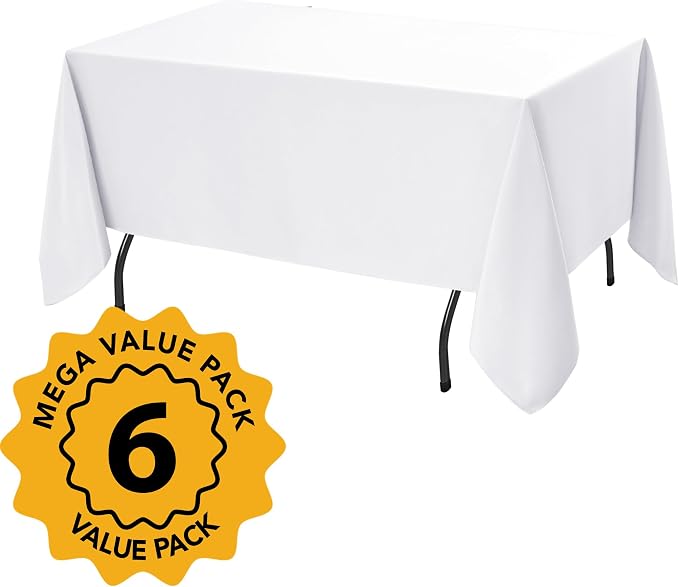 6-Pack White Tablecloths for Rectangle Tables, 60 x 120 Inches, Stain-Resistant Polyester Fabric for 6 Foot Tables - Washable Table Covers for Weddings, Banquets, Birthday, Parties, Events