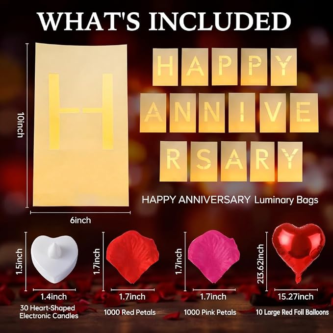 Happy Anniversary Light Up Letters, Include Light up Letters, with Tea Lights Candles, Latex Balloons, Aluminum Balloons and Rose Petals, Anniversary and Valentines' Day Decorations