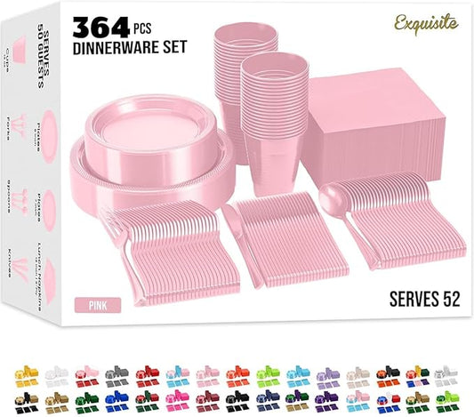 350 Pcs Pink Plastic Plates For Party, Pink Disposable Plates Set, 50 Of Each 9" Dinner Plate Set, 7" Dessert Plate, Cups, Napkins & Cutlery Plastic Dinnerware Set Exquisite