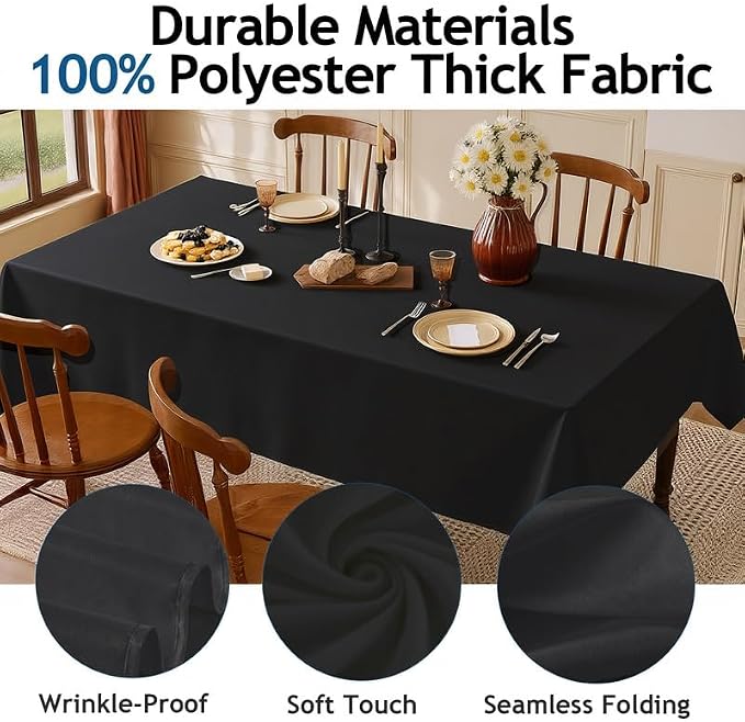 Rectangle Tablecloth 60" x 84", Black Washable Polyester Table Cloth, Wipeable Table Cover for Dining, Wedding, Birthday, Party, Banquet Decor, 6 Pack