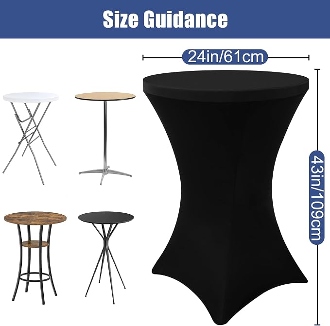 Moosfor Spandex Cocktail Table Covers 4 Pack, Elastic Fitted Stretch Table Cloth, Round High Top Tablecloths for Bar, Party, Pub, Wedding & Banquet (Black, 24x43 Inch)