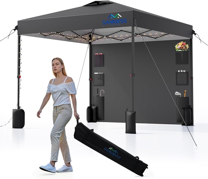 8X8 Pop Up Canopy Tent,Removable Pockets Sidewall for Extra Storage,Easy Up Canopy,Heavy Duty One Person Set Up Event Tent,Grey