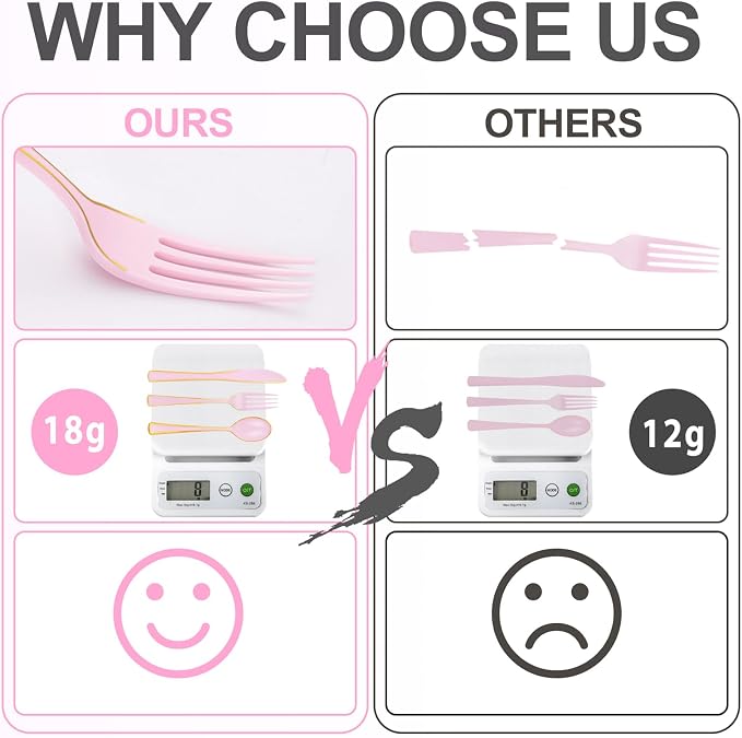 WDF 180 Pieces Pink Plastic Silverware with Gold -Pink Plastic Utensils Set - 60 Guest Cutlery Disposable for Birthday Party Baby Shower Wedding Spring