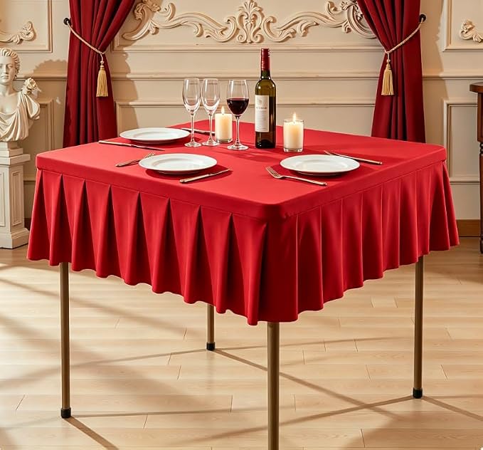 Shillance 48x48 Inch Red Spandex Square Tablecloth, Wrinkle Free Red Fitted Table Cloth for Square Tables,Washable Pleated Table Cover for Wedding Birthday Cocktail Party Buffet Dinner Camping