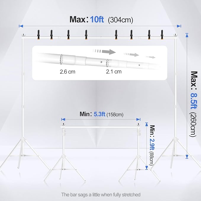EMART Backdrop Stand 10x8.5ft(WxH) Photo Studio Adjustable Background Stand Support with 2 Crossbars, 6x6Inch Clamps, 8 Black Clamps 2 Sandbags and Carry Bag for Parties Wedding, Photography -White