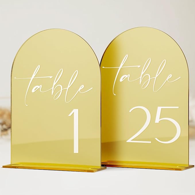 HOODO Gold Mirror Acrylic Wedding Table Numbers 1-25 with Stands, 5"x7" Arched Acrylic Signs and Holders, Gold Mirror Arch Table Numbers for Wedding Reception, Party, Anniversary, Event