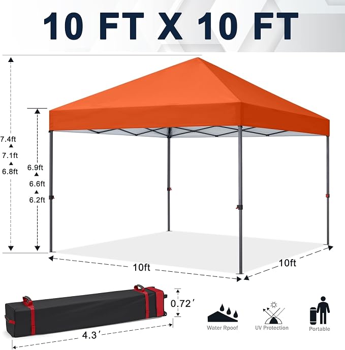 COOSHADE Durable Easy Pop Up Canopy Tent 10x10Ft, Orange