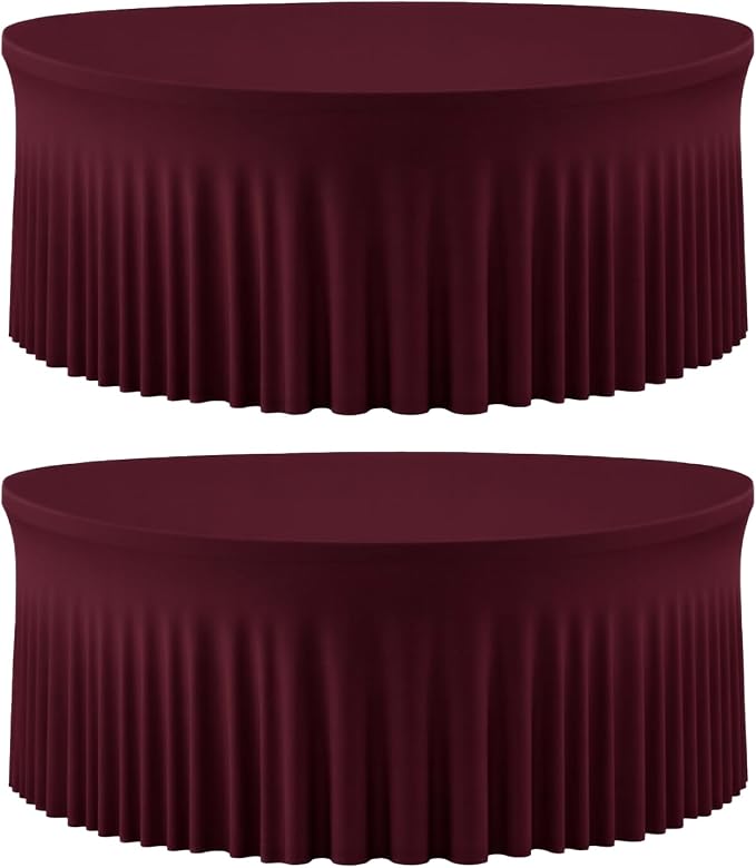 2 Pack Burgundy Round Tablecloth with Skirt, 60 Inch Elastic Fitted Table Cover for 5FT Tables, Wrinkle-Resistant & Washable Snug Fit for Christmas, Thanksgiving, Holiday Dinners & Parties