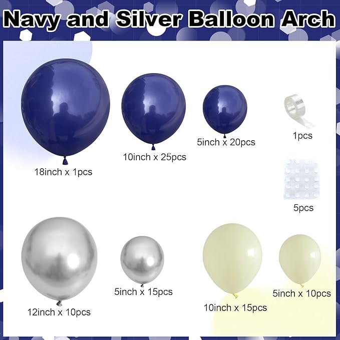 Navy Blue and Silver Balloon Arch Kit, Graduation Balloon Garland Kit with Metallic Silver Blue Latex Balloons Different Size for Class of 2026 Graduation Birthday Retirement Anniversary Wedding Decor