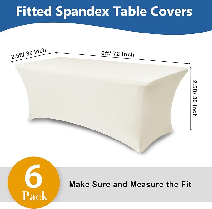 Spandex Table Cloths for 6 Foot Rectangle Tables-6 Pack Fitted Stretch Cream Table Covers-Elastic Folding Tablecloths for Party, Vendor Booth Display, Banquet Buffet Event, Craft Trade Show