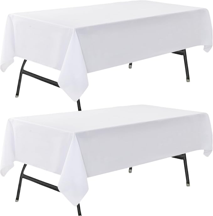 2-Pack 60x102 inch White Table Cloths, Solid Stain and Wrinkle Resistant Oblong Tablecloth, Premium Plain Weave Polyester Fabric Rectangle Table Linen Covers for Hotel, Wedding