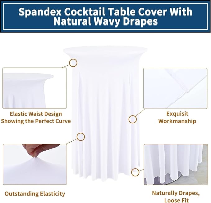 2 Packs Round Cocktail Table Skirt 32"x 43" Spandex Stretch Cocktail Tablecloth with Wavy Drapes, White Spandex Fitted High Top Table Covers for Wedding Party Birthday Banquet Bar