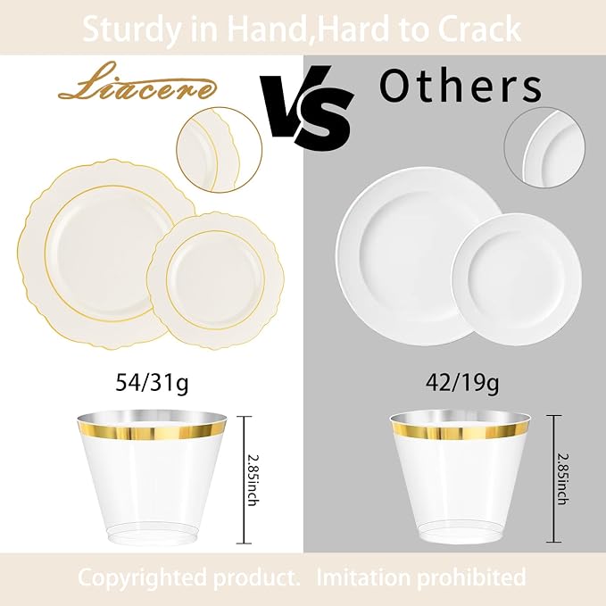 Liacere 350PCS Ivory Plastic Plates-Cream Disposable Plates With Gold Rim-50Guest Baroque Plastic Dinnerware include 100 Plates - 50 Pack Pre Rolled Napkins Silverware 50Cups for Wedding＆Party