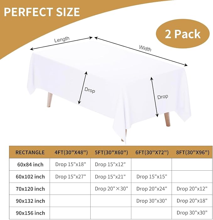 Fixwal White Tablecloth Rectangle 60 x 102 Inch, 2 Pack 6ft Polyester Fabric Table Cloths Rectangular Table Covers for Party, Banquet, Dining, Birthday, Wedding
